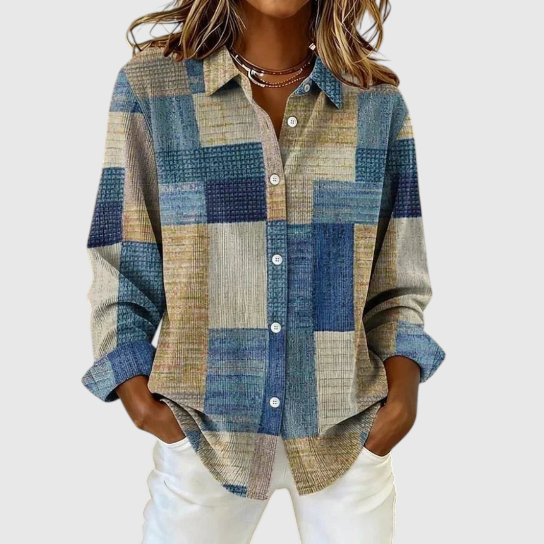 Women's Vintage Patchwork Button-Front Blouse in Blue