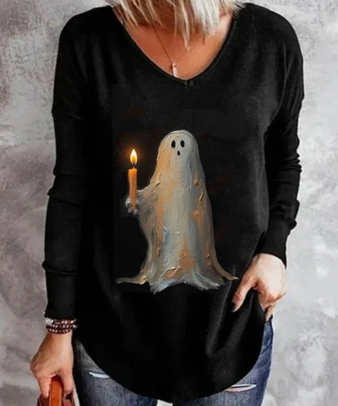 Women's Ghost Candle V-Neck Tee in Black