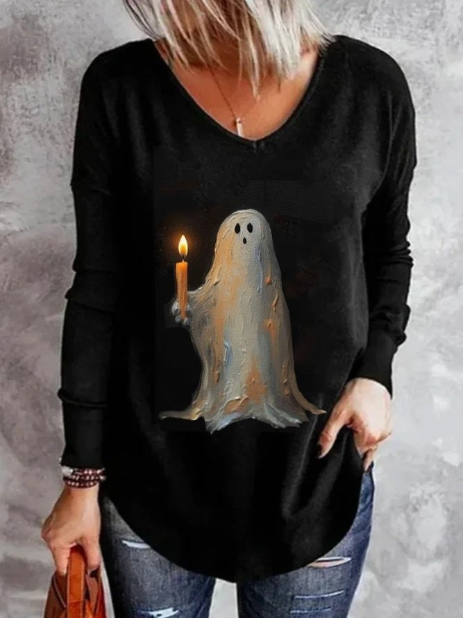 Women's Ghost Candle V-Neck Tee in Black