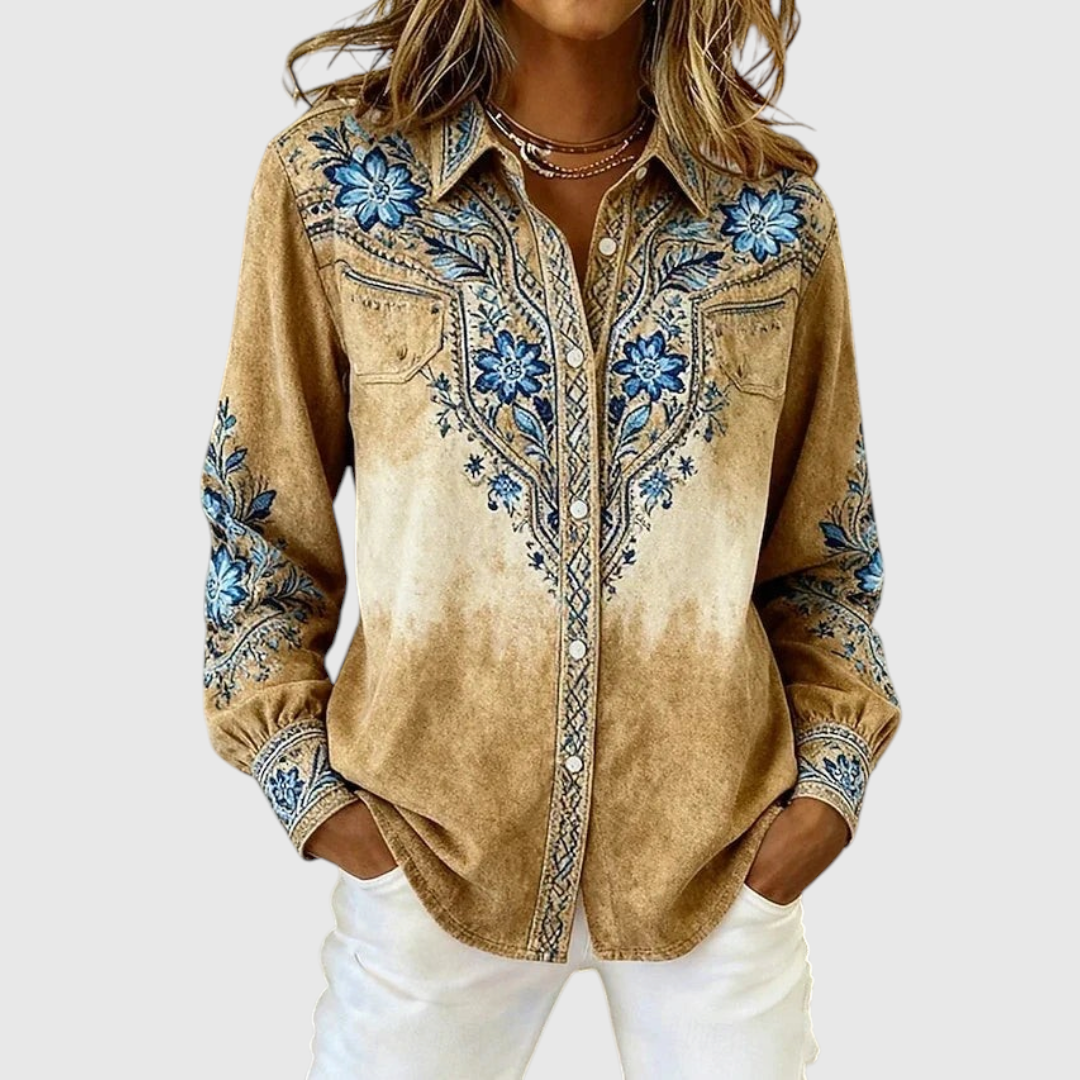 Vintage Western Floral Button-Up Blouse in Blue