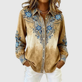 Vintage Western Floral Button-Up Blouse in Blue