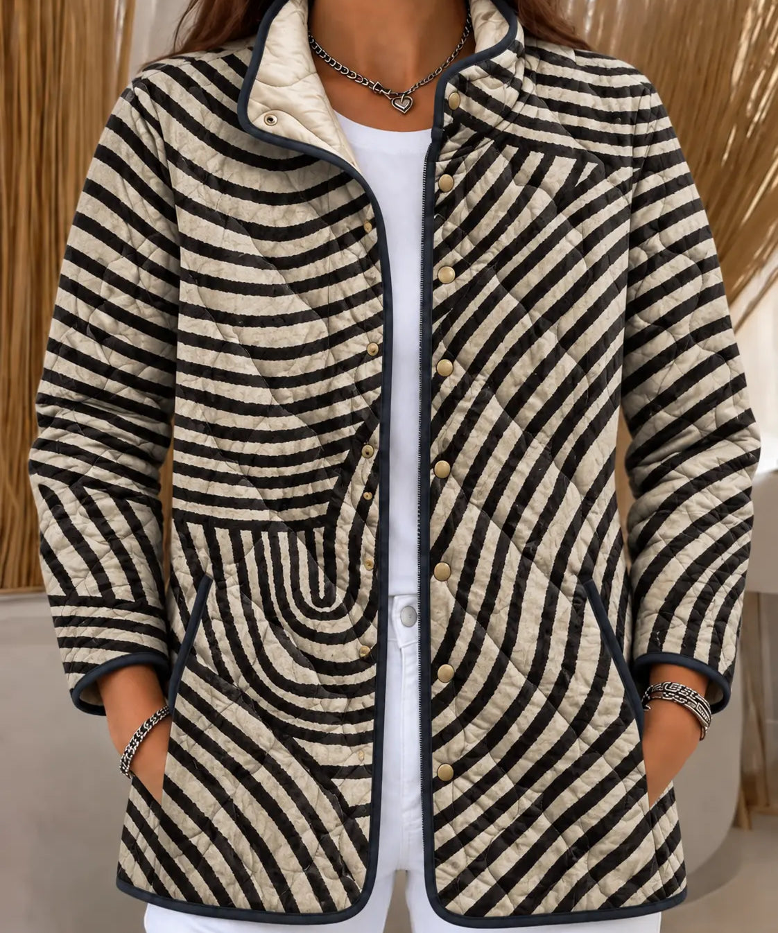 Black and White Curved-Line Quilted Jacket