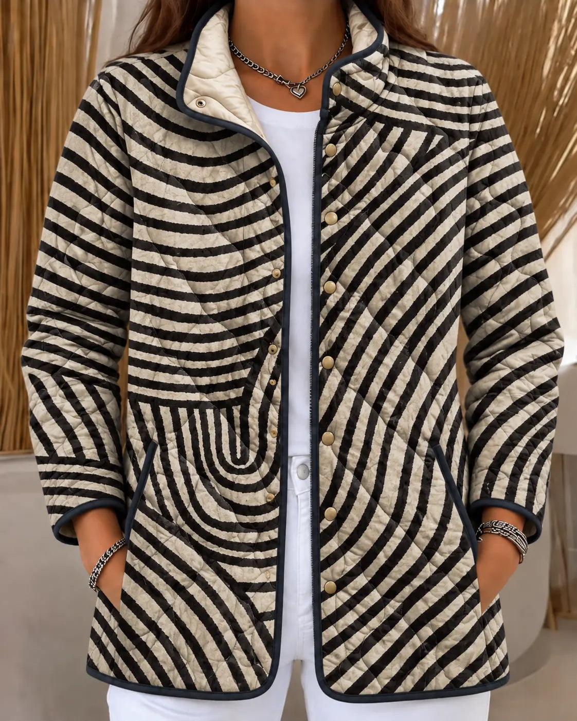 Black and White Curved-Line Quilted Jacket