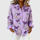 Women's Butterfly Print Button-Up Blouse in Purple