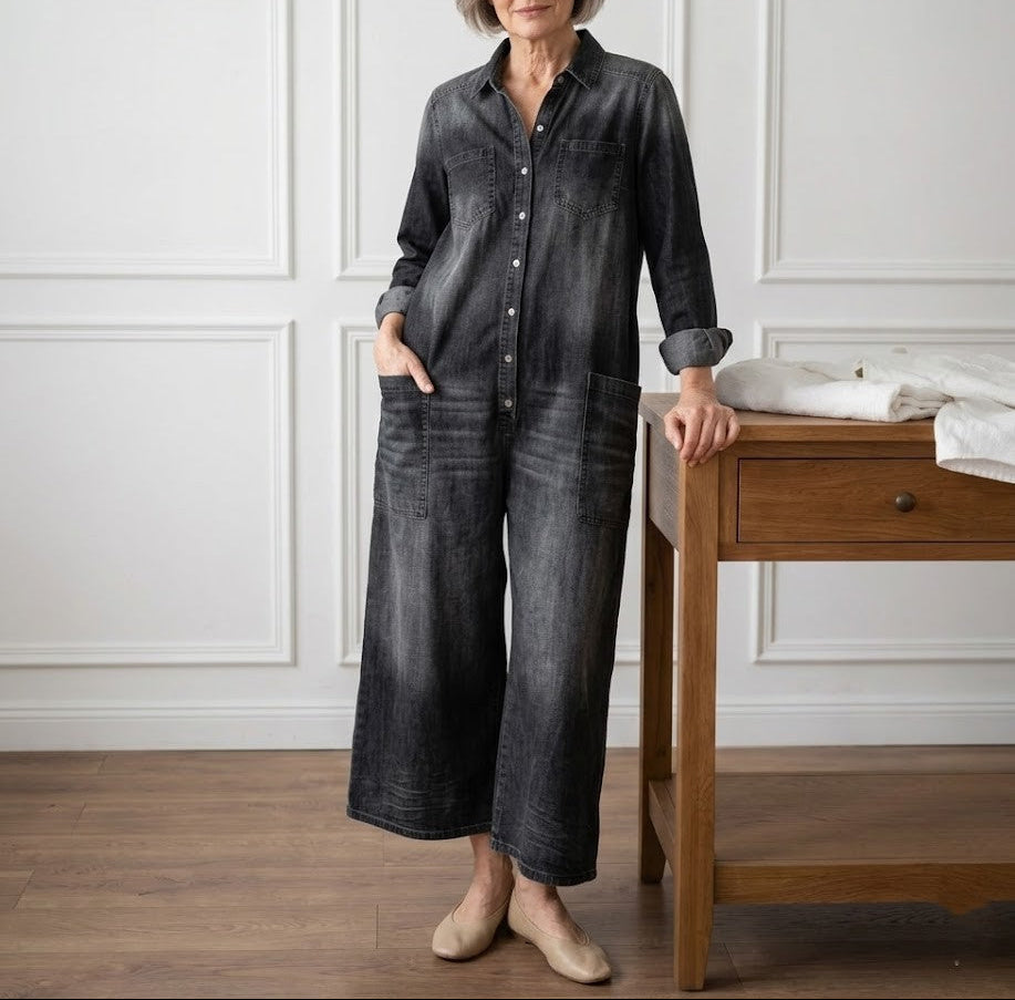 Women's Cotton Denim Jumpsuit in Black