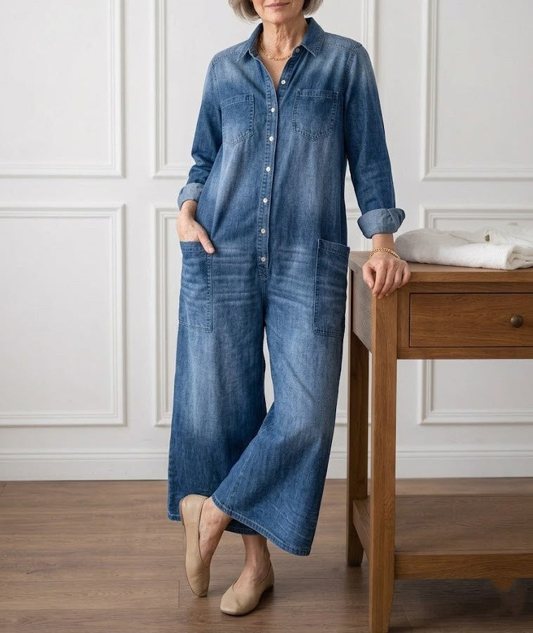 Women's Cotton Denim Jumpsuit in Blue