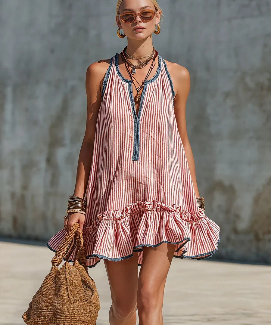 Women's Sleeveless Striped Mini Dress in Red