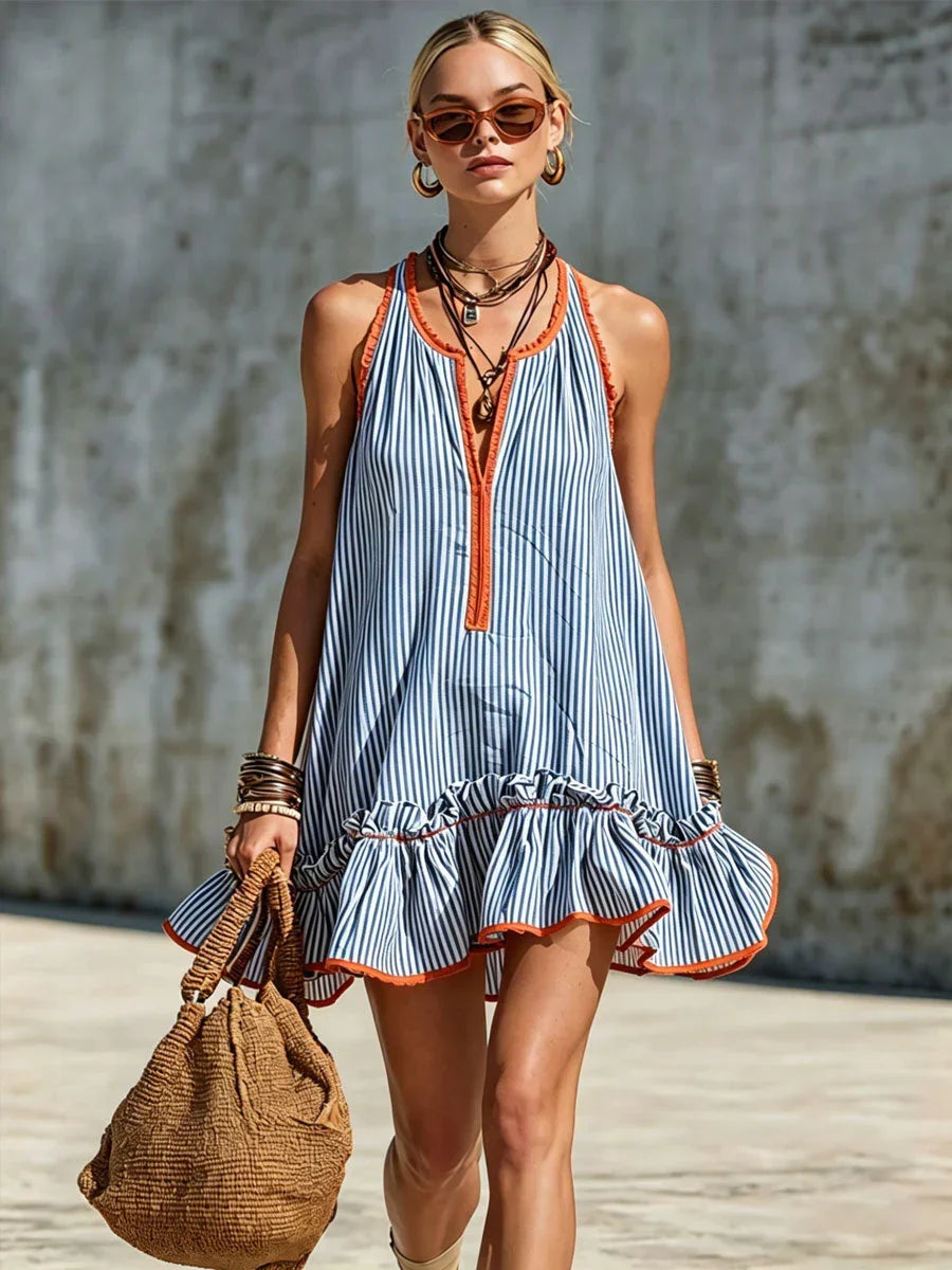 Women's Sleeveless Striped Mini Dress in Blue