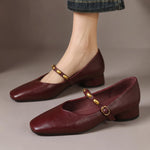 Women's Leather Square-Toe Mary Janes in Claret