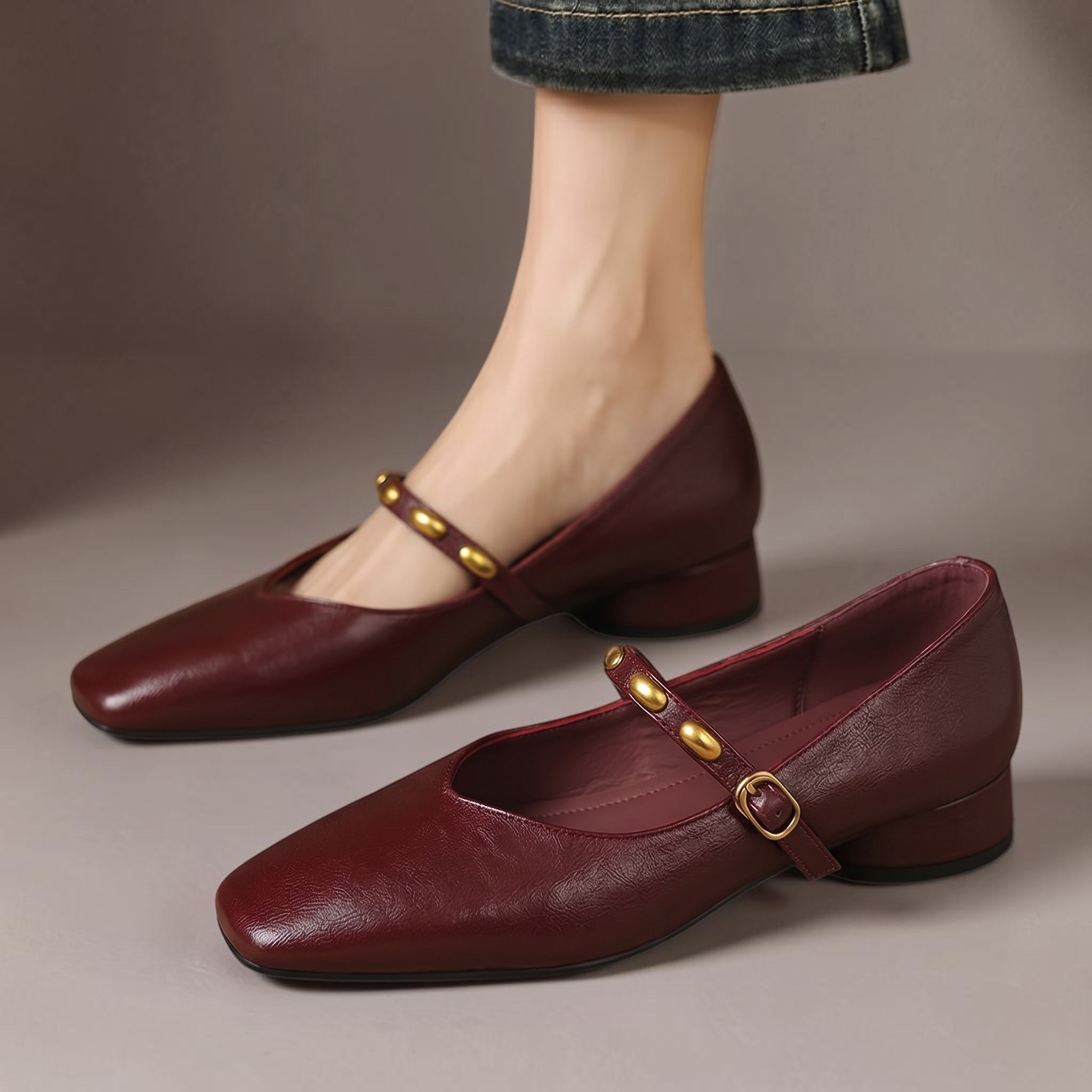 Women's Leather Square-Toe Mary Janes in Claret