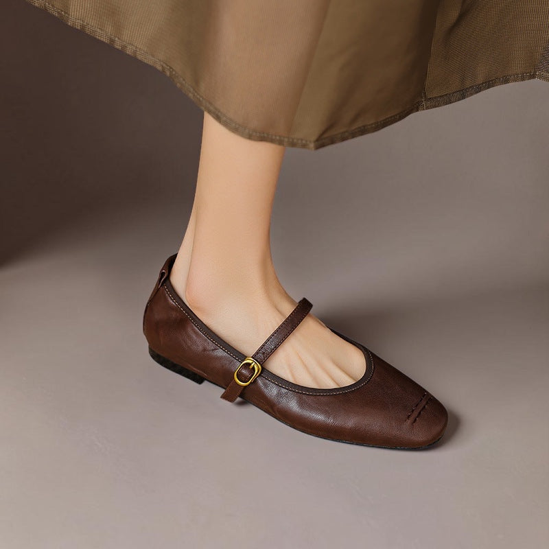 Women's Leather Mary Jane Ballet Flats in Brown
