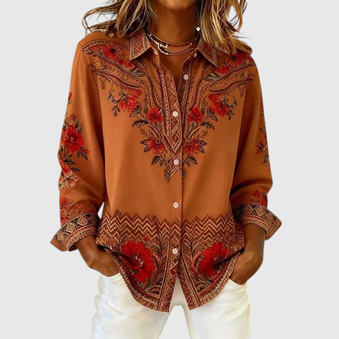 Women's Artistic Floral Long-Sleeve Blouse in Terracotta