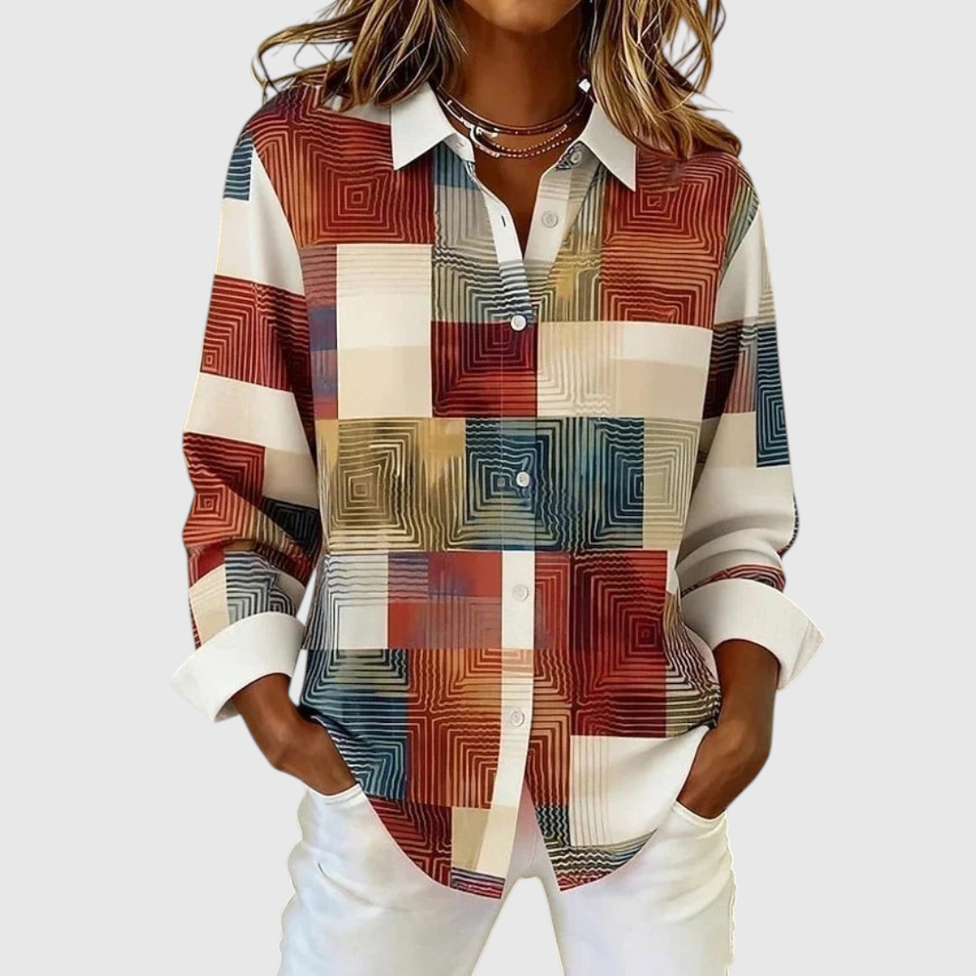 Women's Vintage Patchwork Button-Front Blouse in Multicolor