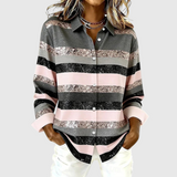 Women's Horizontal Stripe Button-Up Blouse in Blushing Pink
