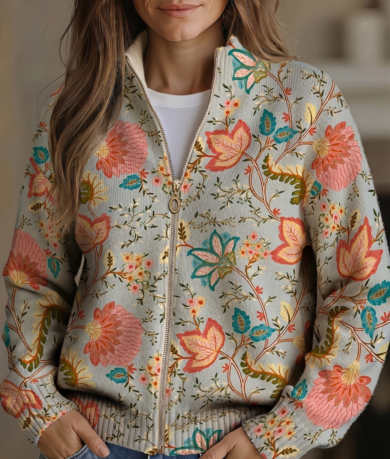 Women's Vintage Floral Zip Cardigan