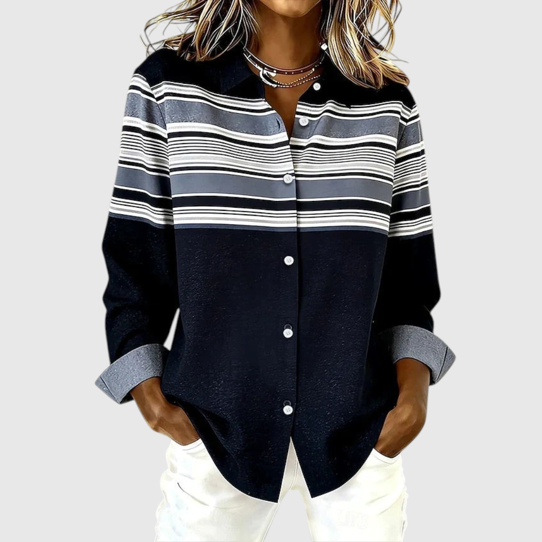 Women's Horizontal Stripe Button-Up Blouse in Navy Blue