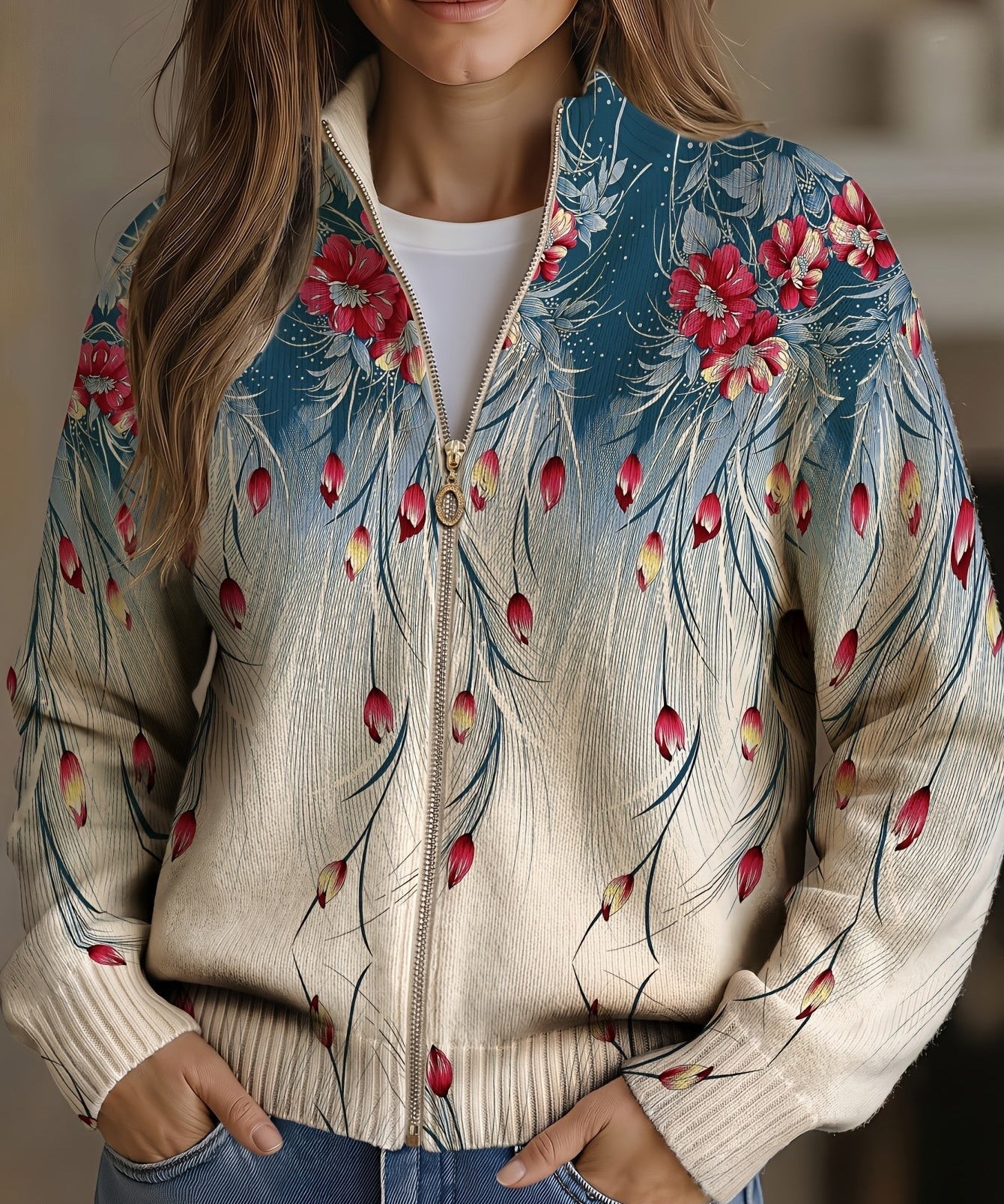 Women's Peacock Floral Zip Cardigan