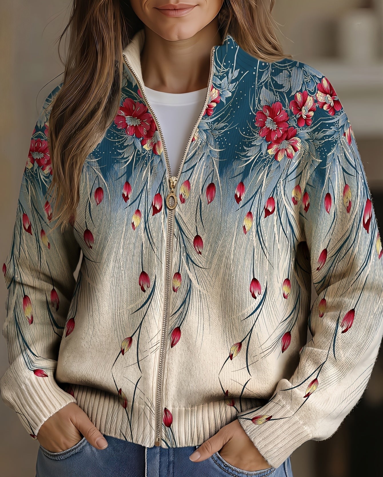 Women's Peacock Floral Zip Cardigan