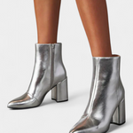 Silver Metallic Pointed Toe Ankle Boots with Block Heel
