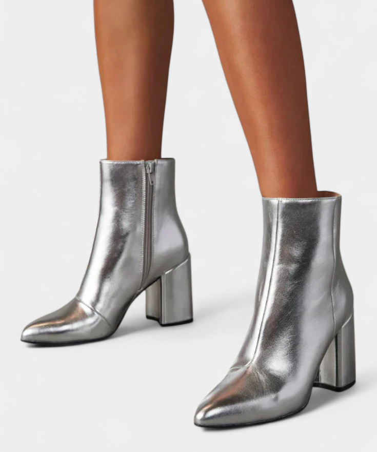 Silver Metallic Pointed Toe Ankle Boots with Block Heel