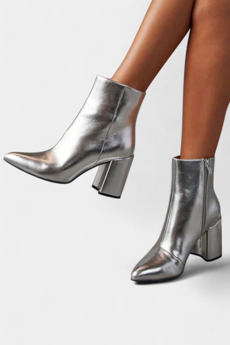 Silver Metallic Pointed Toe Ankle Boots with Block Heel, photo 2