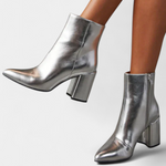 Silver Metallic Pointed Toe Ankle Boots with Block Heel, photo 2
