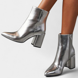 Silver Metallic Pointed Toe Ankle Boots with Block Heel, photo 2