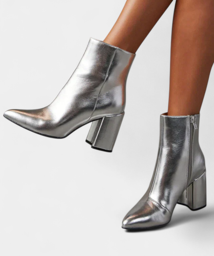 Silver Metallic Pointed Toe Ankle Boots with Block Heel, photo 2