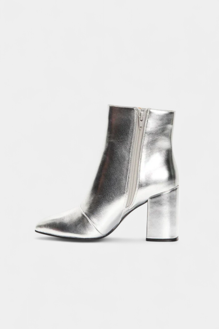 Silver Metallic Pointed Toe Ankle Boots with Block Heel, photo 3